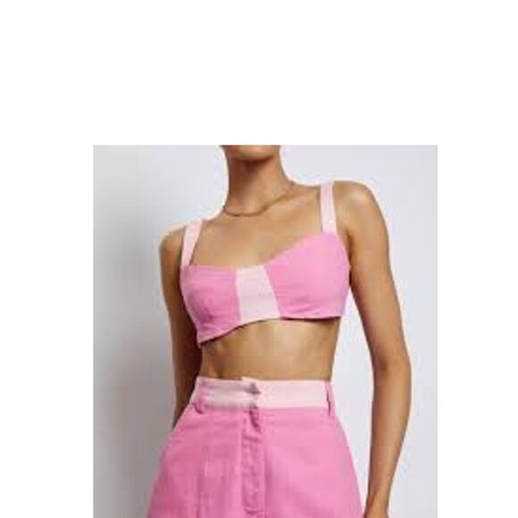 MESHKI Yalda Linen Contrast Panel Crop Top - Picture 1 of 9